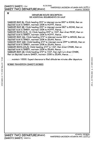 애틀랜타 하츠필드-잭슨 국제공항 Atlanta, GA (KATL): SMKEY TWO (RNAV) (DP)