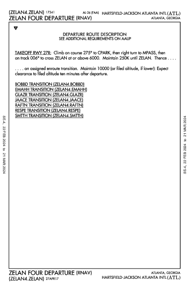 애틀랜타 하츠필드-잭슨 국제공항 Atlanta, GA (KATL): ZELAN FOUR (RNAV) (DP)