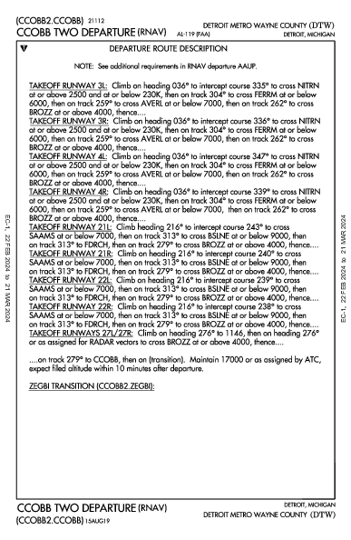 디트로이트 메트로폴리탄 웨인 카운티 공항 Detroit, MI (KDTW): CCOBB TWO (RNAV) (DP)