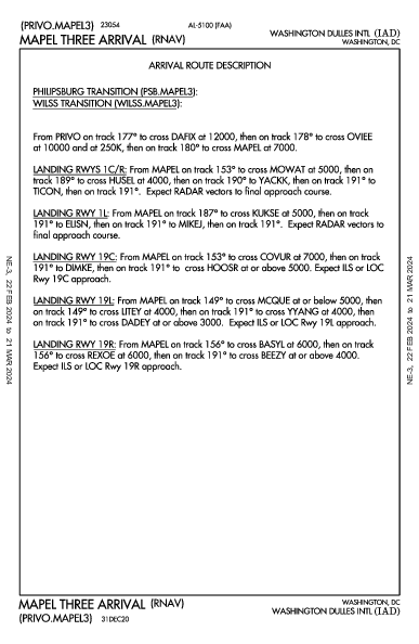 워싱턴 덜레스 국제공항 Washington, DC (KIAD): MAPEL THREE (RNAV) (STAR)